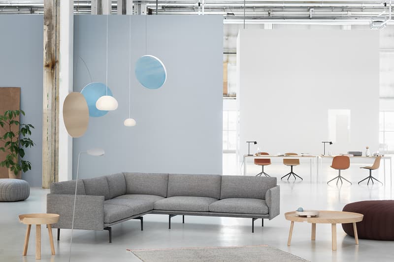 Muuto "New Perspectives" Collection Furniture Base Table High Pendant Lamp Enfold Sideboard Oslo 3-Seater Corner Sofa Pouf The Dots Metal Workshop Coffee Table