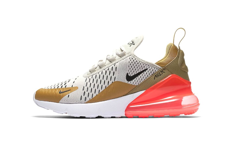 Nike Air Max 270 Flight Gold Black Light Bone White Hot Punch May 3 2018 release date info drop sneakers shoes footwear AH6789 700