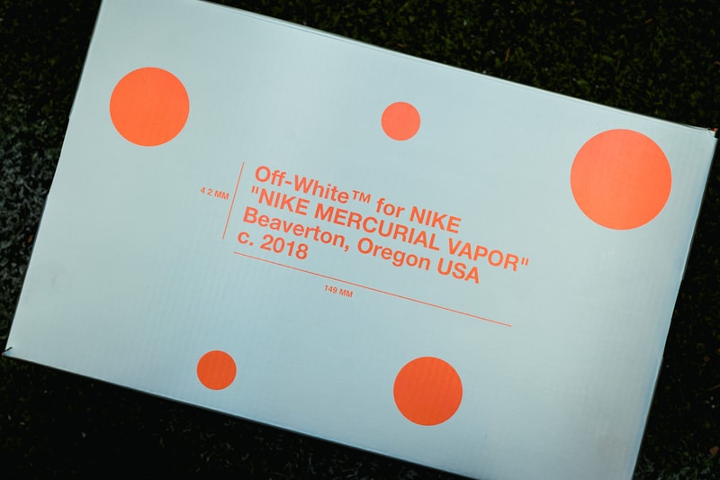 Virgil Abloh Nike Mercurial Vapor 360 closer look footwear 2018 orange white blue off white