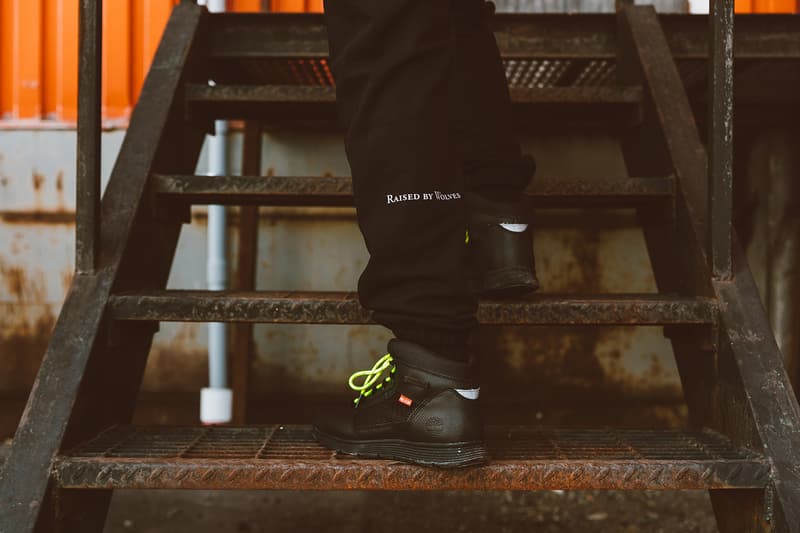 Raised by Wolves x Timberland Lookbook Collaboration Collab Black Boots Grey Hoodies Track Pants Euro Hiker Beaver Tail Toronto pop-up