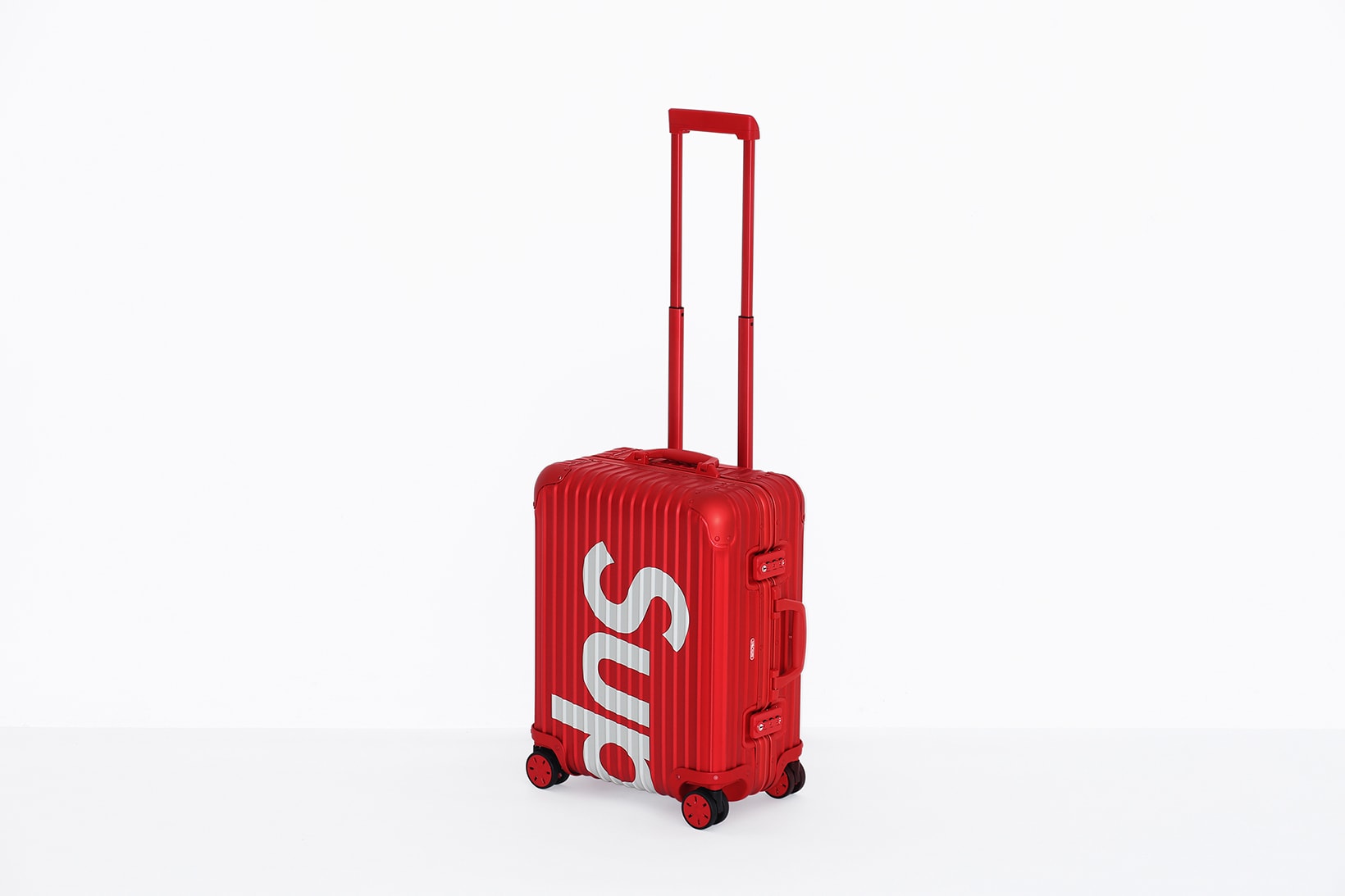 Supreme x RIMOWA Topas Multiwheel Collection Black Red Logo Metallic Suitcase Metal Aluminum