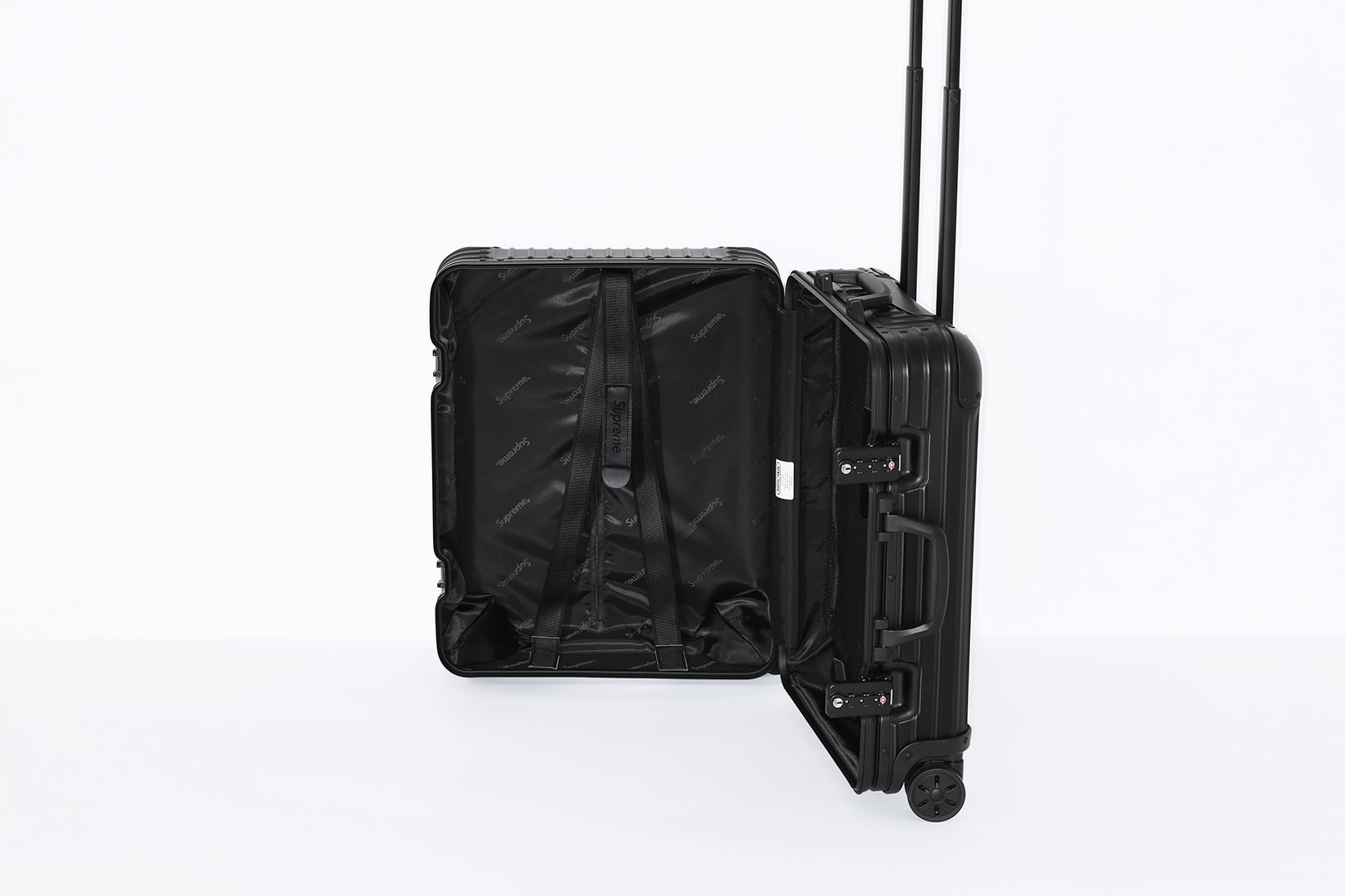 Supreme x RIMOWA Topas Multiwheel Collection Black Red Logo Metallic Suitcase Metal Aluminum