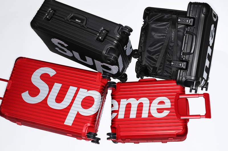 Supreme x RIMOWA Topas Multiwheel Collection Black Red Logo Metallic Suitcase Metal Aluminum