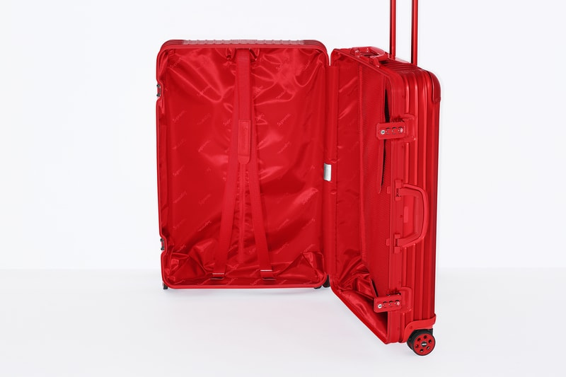 Supreme x RIMOWA Topas Multiwheel Collection Black Red Logo Metallic Suitcase Metal Aluminum