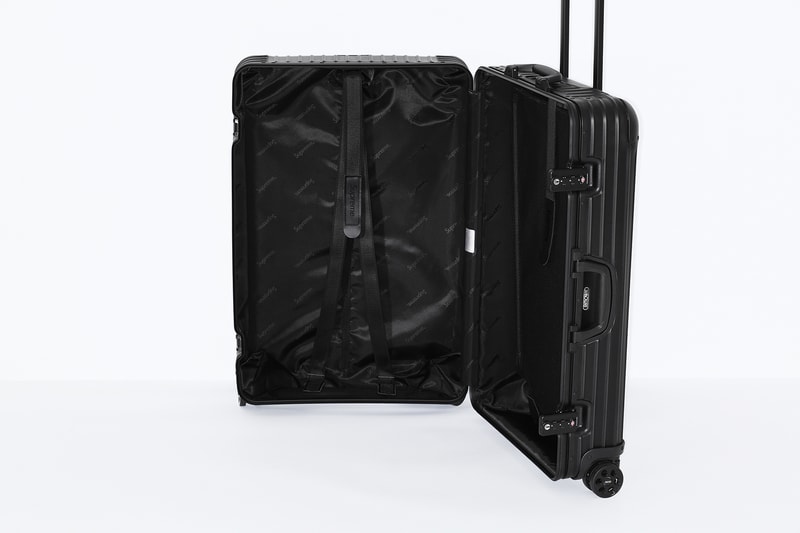 Supreme x RIMOWA Topas Multiwheel Collection Black Red Logo Metallic Suitcase Metal Aluminum