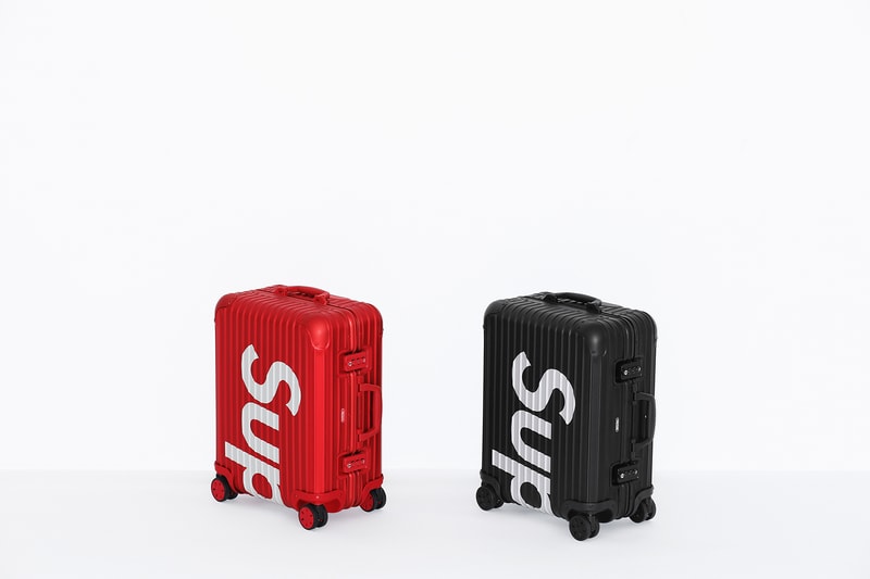 Supreme x RIMOWA Topas Multiwheel Collection Black Red Logo Metallic Suitcase Metal Aluminum