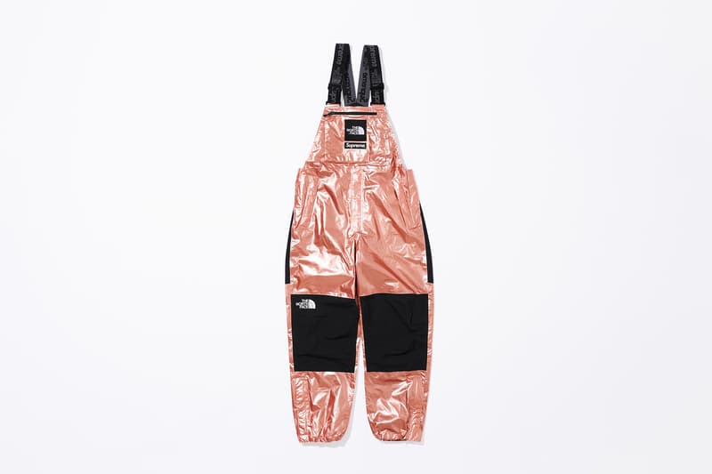 Supreme x The North Face Metallic Spring 2018 Collection Gold Silver Rose Gold Mountain Parka Roo II Bag Backpack Sling Bag Overalls Bib Pants T-Shirt Hooded Sweatshirt