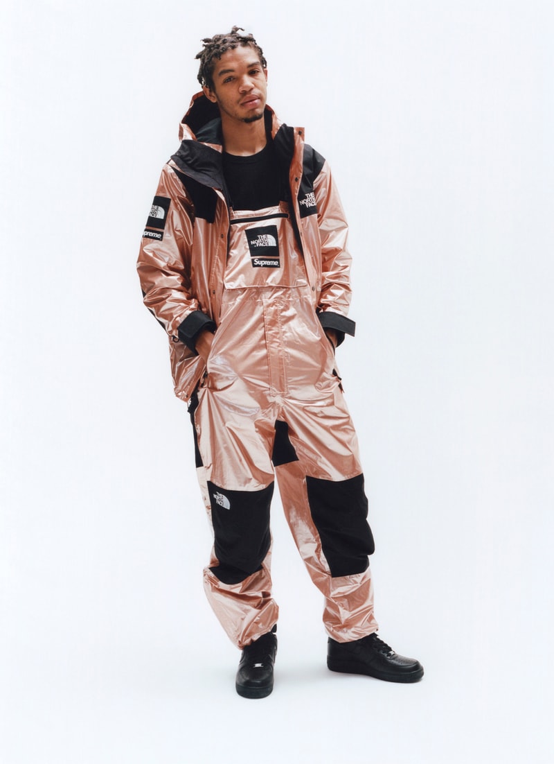 Supreme x The North Face Metallic Spring 2018 Collection Gold Silver Rose Gold Mountain Parka Roo II Bag Backpack Sling Bag Overalls Bib Pants T-Shirt Hooded Sweatshirt