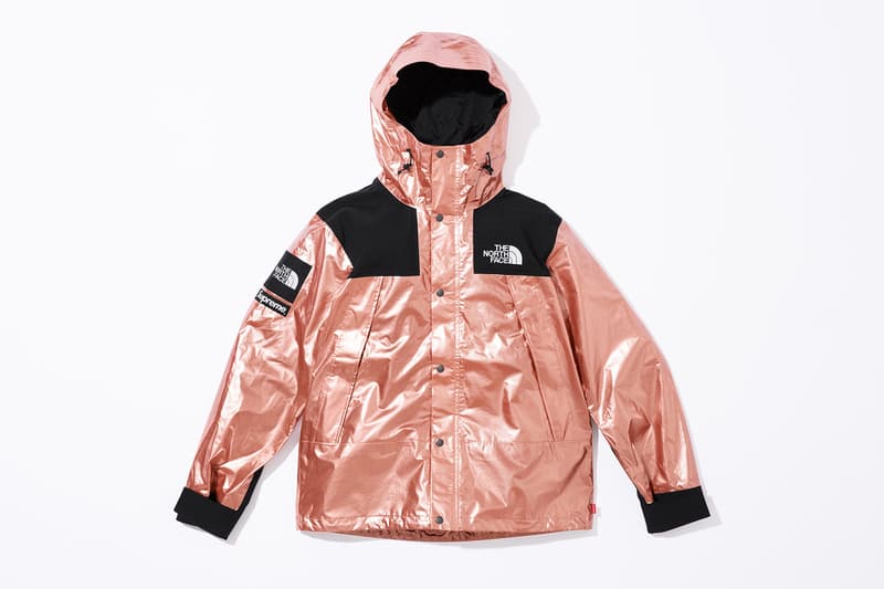 Supreme x The North Face Metallic Spring 2018 Collection Gold Silver Rose Gold Mountain Parka Roo II Bag Backpack Sling Bag Overalls Bib Pants T-Shirt Hooded Sweatshirt