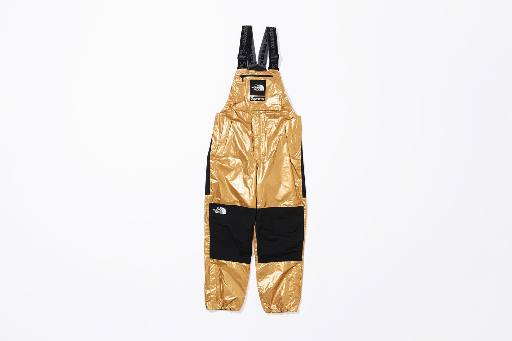 Supreme x The North Face Metallic Spring 2018 Collection Gold Silver Rose Gold Mountain Parka Roo II Bag Backpack Sling Bag Overalls Bib Pants T-Shirt Hooded Sweatshirt