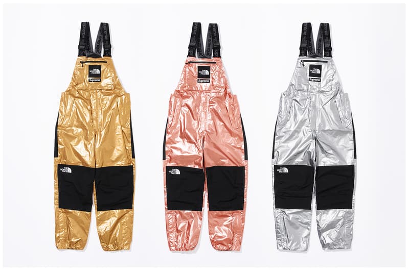 Supreme x The North Face Metallic Spring 2018 Collection Gold Silver Rose Gold Mountain Parka Roo II Bag Backpack Sling Bag Overalls Bib Pants T-Shirt Hooded Sweatshirt