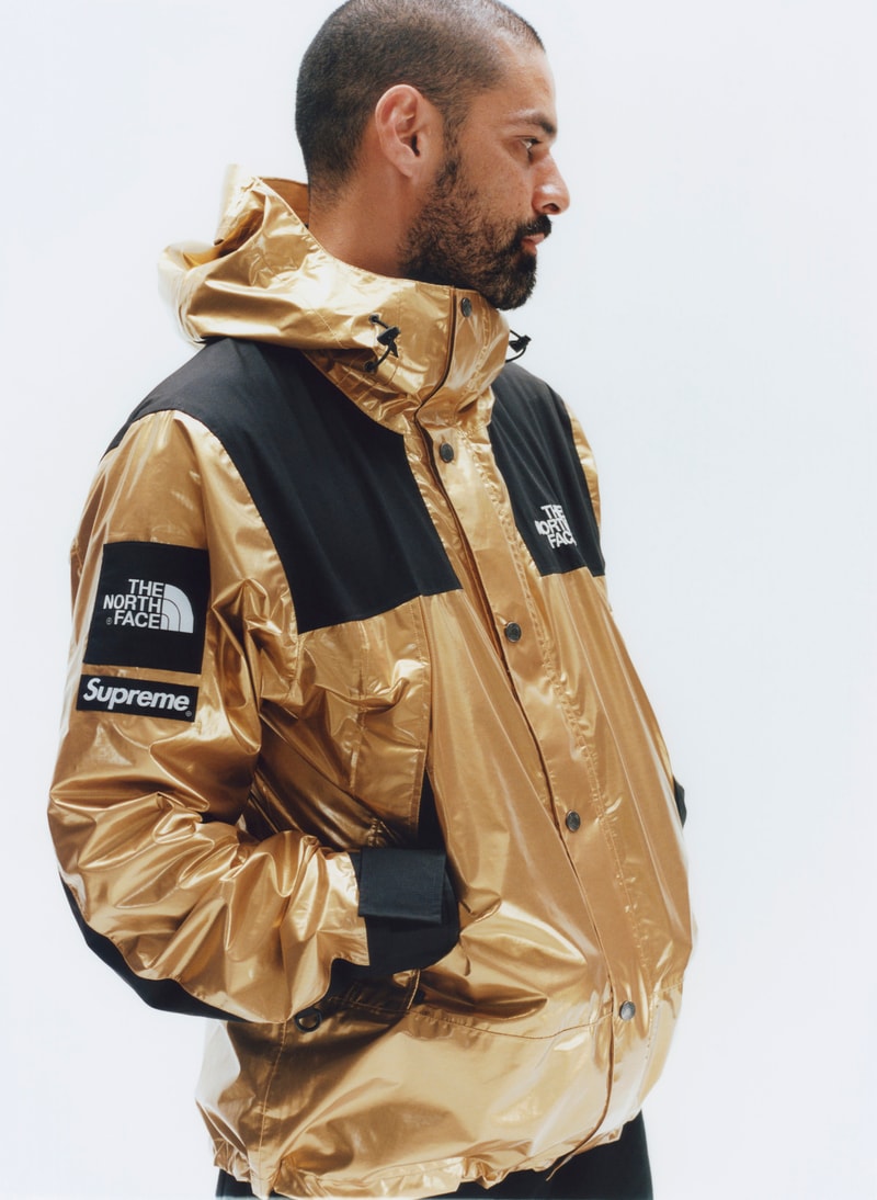 Supreme x The North Face Metallic Spring 2018 Collection Gold Silver Rose Gold Mountain Parka Roo II Bag Backpack Sling Bag Overalls Bib Pants T-Shirt Hooded Sweatshirt