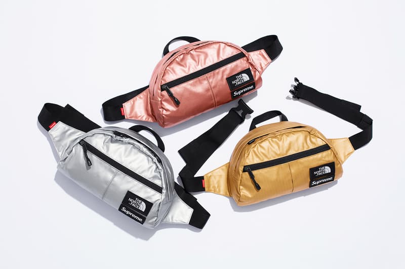 Supreme x The North Face Metallic Spring 2018 Collection Gold Silver Rose Gold Mountain Parka Roo II Bag Backpack Sling Bag Overalls Bib Pants T-Shirt Hooded Sweatshirt