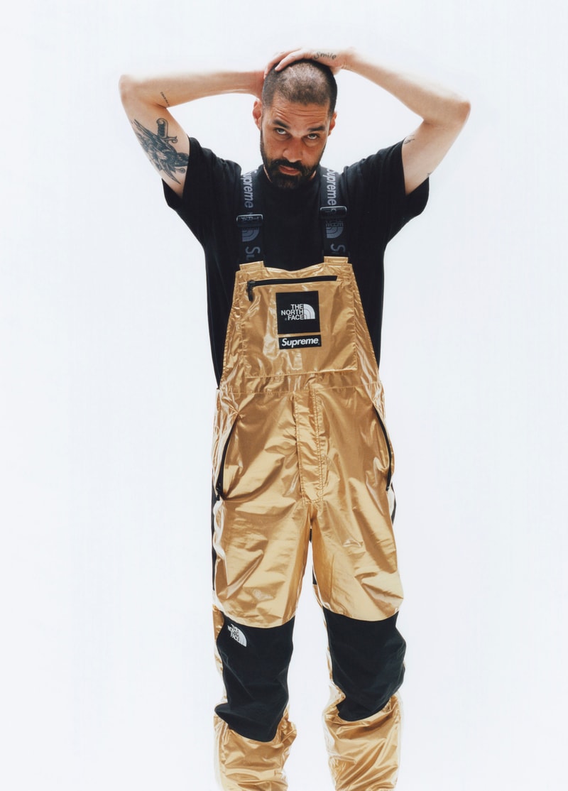 Supreme x The North Face Metallic Spring 2018 Collection Gold Silver Rose Gold Mountain Parka Roo II Bag Backpack Sling Bag Overalls Bib Pants T-Shirt Hooded Sweatshirt