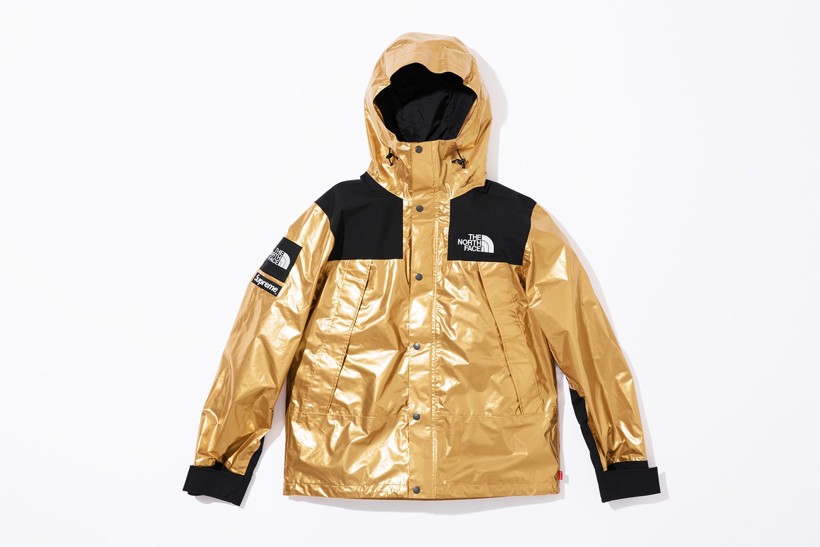 Supreme x The North Face Metallic Spring 2018 Collection Gold Silver Rose Gold Mountain Parka Roo II Bag Backpack Sling Bag Overalls Bib Pants T-Shirt Hooded Sweatshirt