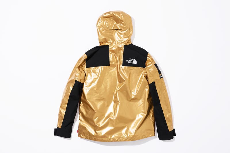 Supreme x The North Face Metallic Spring 2018 Collection Gold Silver Rose Gold Mountain Parka Roo II Bag Backpack Sling Bag Overalls Bib Pants T-Shirt Hooded Sweatshirt