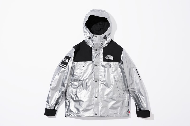 Supreme x The North Face Metallic Spring 2018 Collection Gold Silver Rose Gold Mountain Parka Roo II Bag Backpack Sling Bag Overalls Bib Pants T-Shirt Hooded Sweatshirt