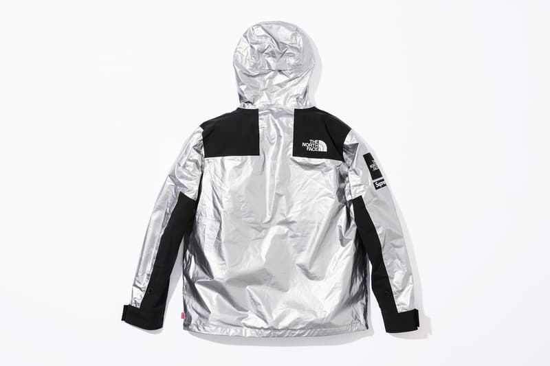 Supreme x The North Face Metallic Spring 2018 Collection Gold Silver Rose Gold Mountain Parka Roo II Bag Backpack Sling Bag Overalls Bib Pants T-Shirt Hooded Sweatshirt