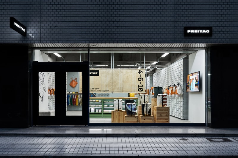 TORAFU ARCHITECTS FREITAG Osaka Store Kiosk Outfitter Shop Store Colorful Messenger Bags Accessories Wooden Steel Furniture Industrial Atmosphere