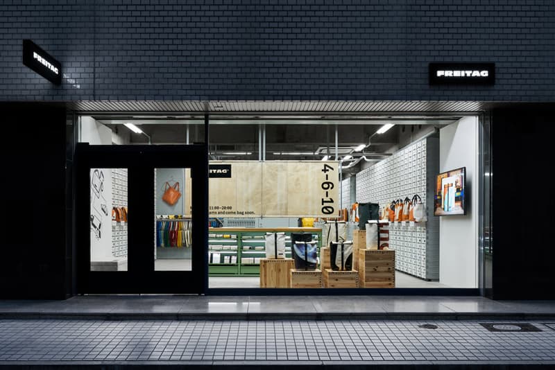 TORAFU ARCHITECTS FREITAG Osaka Store Kiosk Outfitter Shop Store Colorful Messenger Bags Accessories Wooden Steel Furniture Industrial Atmosphere