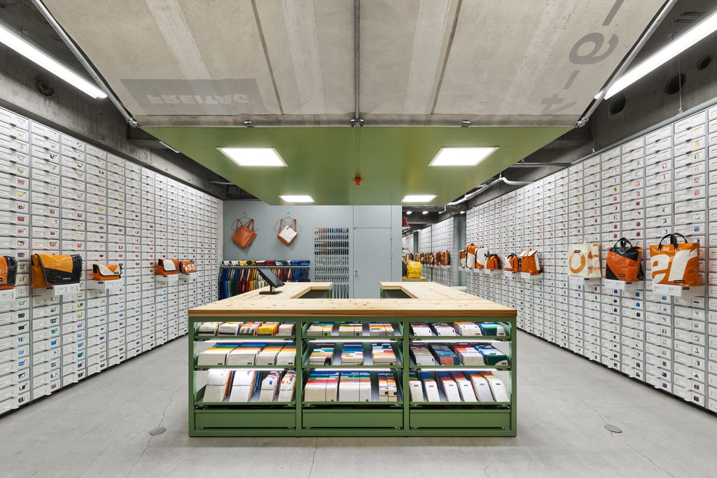 TORAFU ARCHITECTS FREITAG Osaka Store Kiosk Outfitter Shop Store Colorful Messenger Bags Accessories Wooden Steel Furniture Industrial Atmosphere