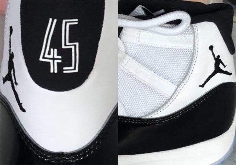 Air Jordan 11 Concord 2018 Retro 45 heel december 8 2018 release date info drop sneakers shoes footwear tinker hatfield michael jordan black white mesh patent leather icy clear sole jordan brand jumpman