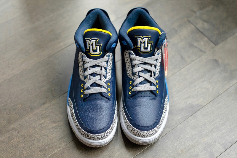 Air Jordan 3 Marquette University PE Detailed Look Blue Yellow Grey Cement gold