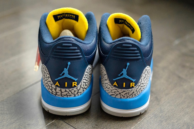 Air Jordan 3 Marquette University PE Detailed Look Blue Yellow Grey Cement gold