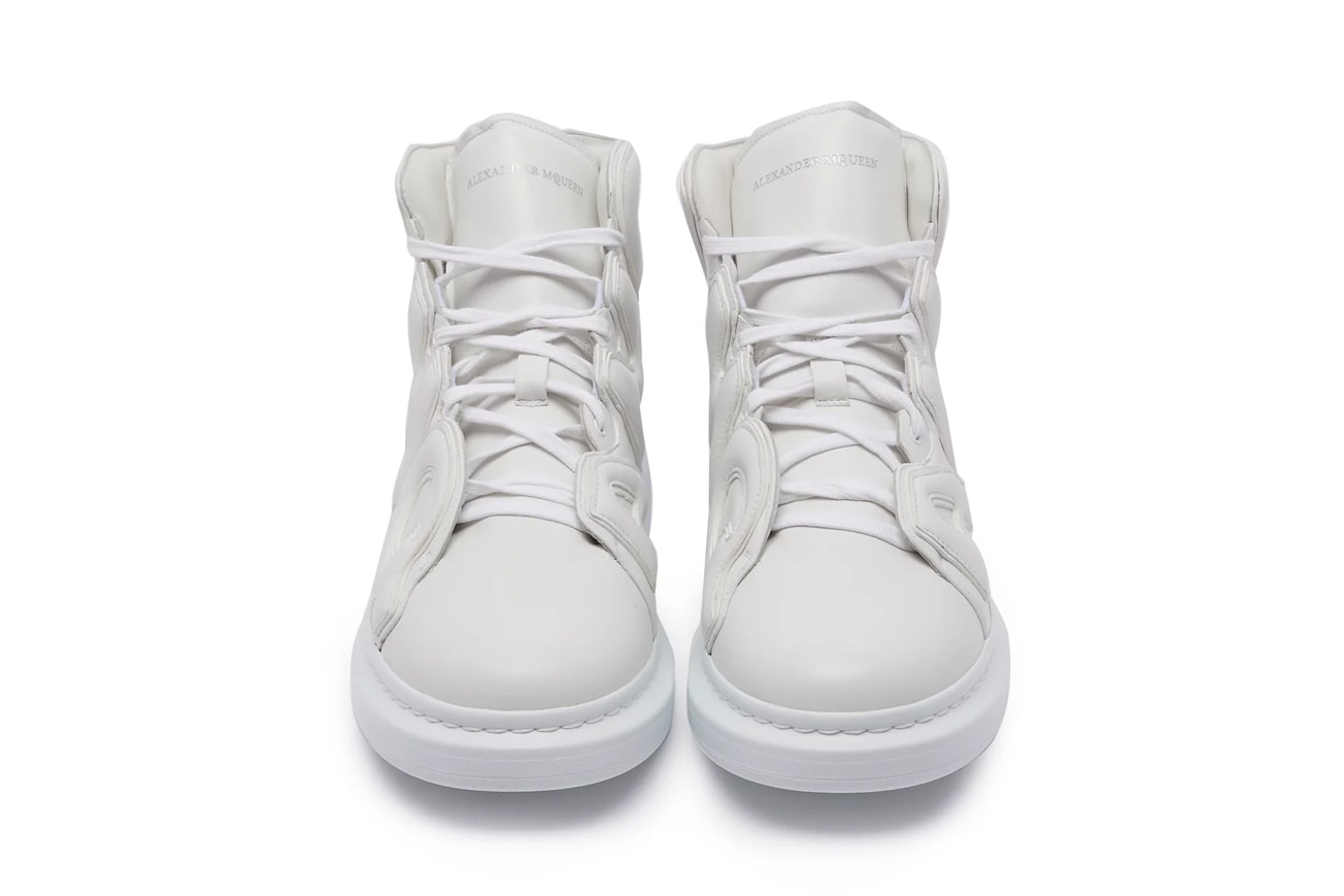Alexander McQueen AMQ White High Top Leather Trainers Raised sole appliquéd chunky release info purchase price sneakers footwear