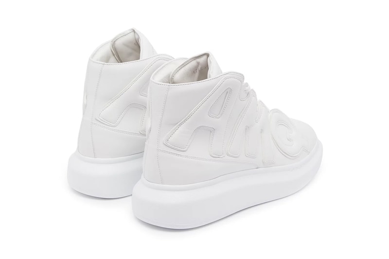 Alexander McQueen AMQ White High Top Leather Trainers Raised sole appliquéd chunky release info purchase price sneakers footwear