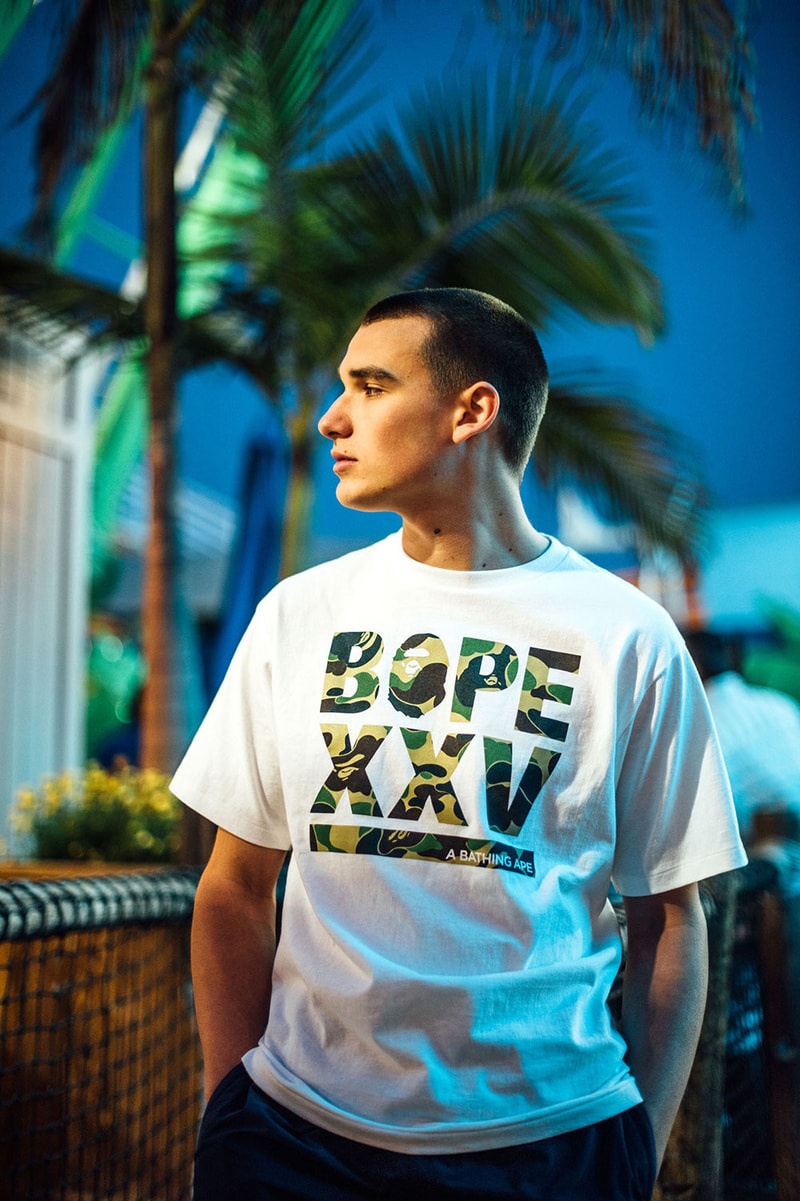 BAPE "The XXV Project" Collection Lookbook A Bathing Ape Collection Purchase Buy Cop Now Shark Hoodies Graphic Tees T-Shirts Sticker Set Keychain Ape Head Wall Clock iPhone 7 8 X Case