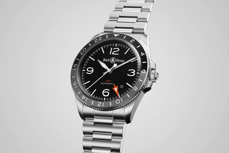 Bell & Ross BR V2-93 GMT 24H Watch retro vintage collection time zone 4Hz automatic movement 42 hour power reserve anodized aluminum sapphire crystal Water resistant $3200 rubber strap $3500 steel bracelet