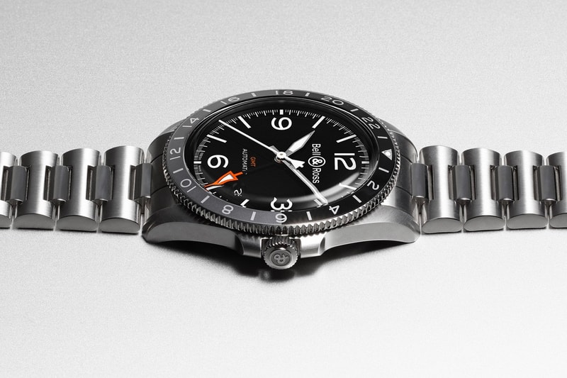 Bell & Ross BR V2-93 GMT 24H Watch retro vintage collection time zone 4Hz automatic movement 42 hour power reserve anodized aluminum sapphire crystal Water resistant $3200 rubber strap $3500 steel bracelet