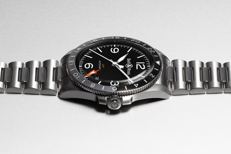 Bell & Ross BR V2-93 GMT 24H Watch retro vintage collection time zone 4Hz automatic movement 42 hour power reserve anodized aluminum sapphire crystal Water resistant $3200 rubber strap $3500 steel bracelet