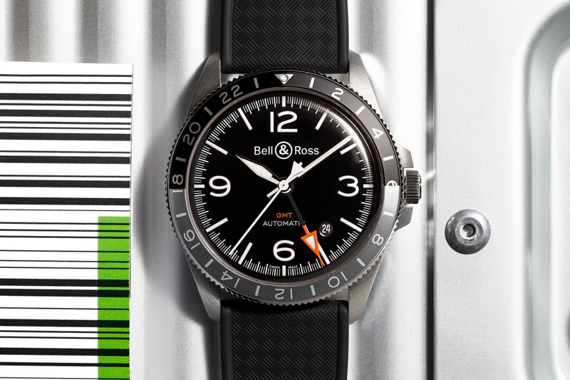 Bell & Ross BR V2-93 GMT 24H Watch retro vintage collection time zone 4Hz automatic movement 42 hour power reserve anodized aluminum sapphire crystal Water resistant $3200 rubber strap $3500 steel bracelet