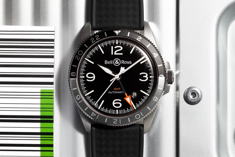 Bell & Ross BR V2-93 GMT 24H Watch retro vintage collection time zone 4Hz automatic movement 42 hour power reserve anodized aluminum sapphire crystal Water resistant $3200 rubber strap $3500 steel bracelet