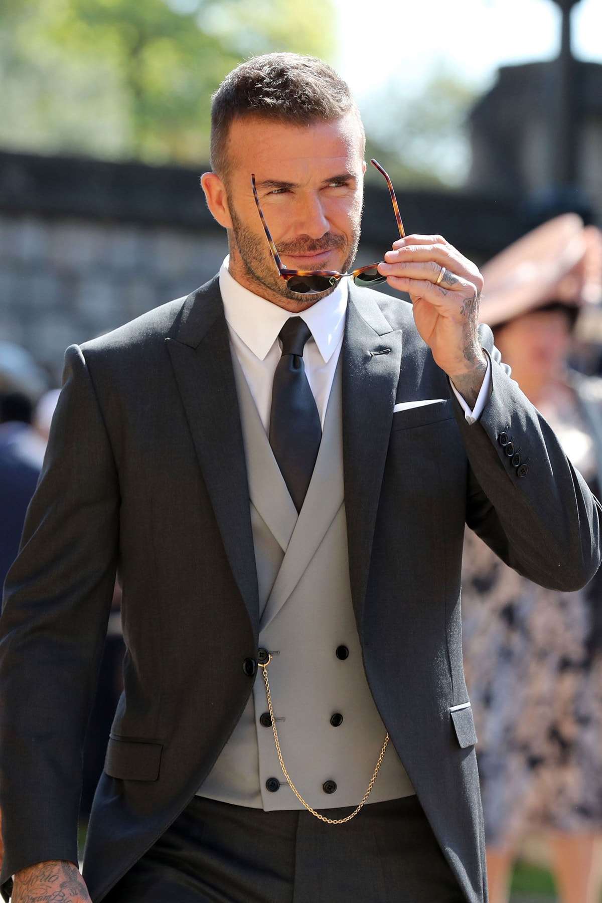 David Beckham Kim Jones Dior Homme Suit Royal Wedding Black Grey Three Piece Prince Harry Meghan Markle United Kingdom British Victoria Beckham Fashion