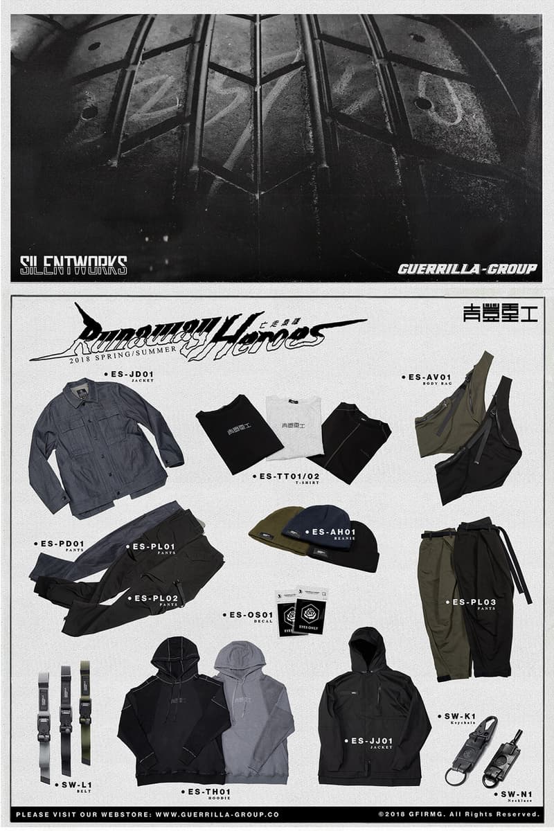 Guerrilla Group Spring/Summer 2018 Lookbook Clothing Release Inspired 1990's 90's Hong Kong Crime Films Neon-Soaked Streets Subdued Shades Olive Grey Black Reworked Wardrobe Staples Stability Cargo Jogger Pants Reversible Hoodies Body Horror graphics Japanese Raw Denim Kaihara CODURA Denim