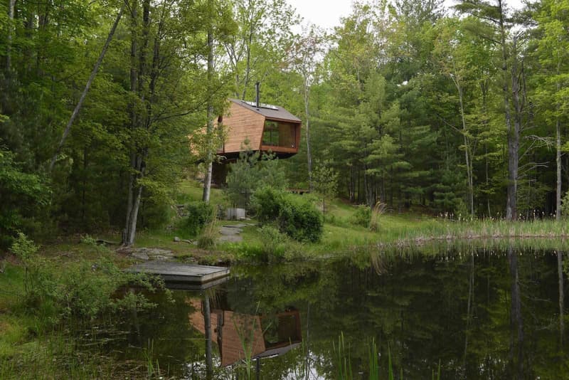 Inhabit Treehouse Woodstock New York NY Houses Wooden Interior Exterior Catskills Mountains Woodland Forest Open Plan Lounge Wood Burner Kitchen Spacious Loft Bedroom Shower Room Bathroom