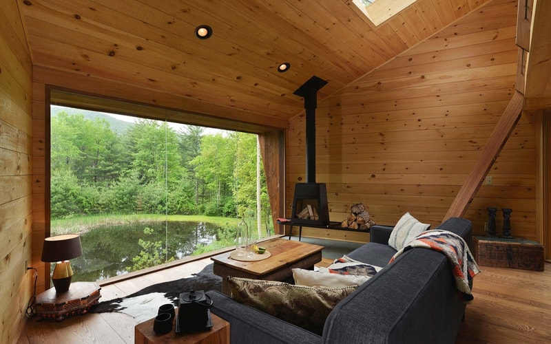 Inhabit Treehouse Woodstock New York NY Houses Wooden Interior Exterior Catskills Mountains Woodland Forest Open Plan Lounge Wood Burner Kitchen Spacious Loft Bedroom Shower Room Bathroom