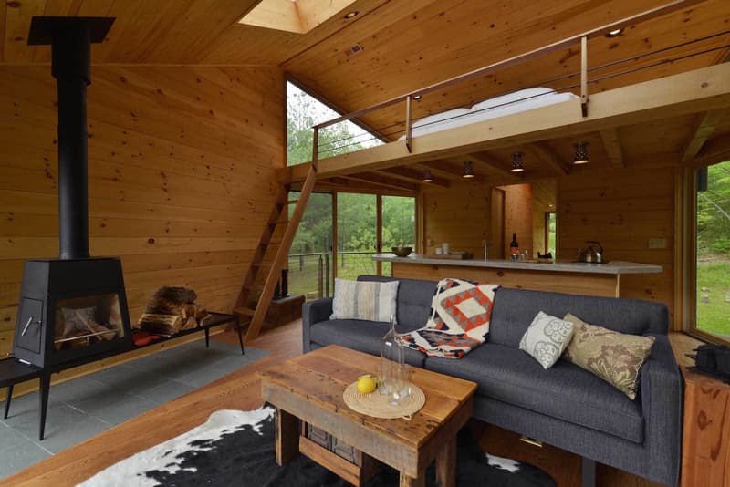 Inhabit Treehouse Woodstock New York NY Houses Wooden Interior Exterior Catskills Mountains Woodland Forest Open Plan Lounge Wood Burner Kitchen Spacious Loft Bedroom Shower Room Bathroom