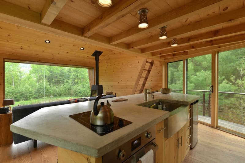 Inhabit Treehouse Woodstock New York NY Houses Wooden Interior Exterior Catskills Mountains Woodland Forest Open Plan Lounge Wood Burner Kitchen Spacious Loft Bedroom Shower Room Bathroom