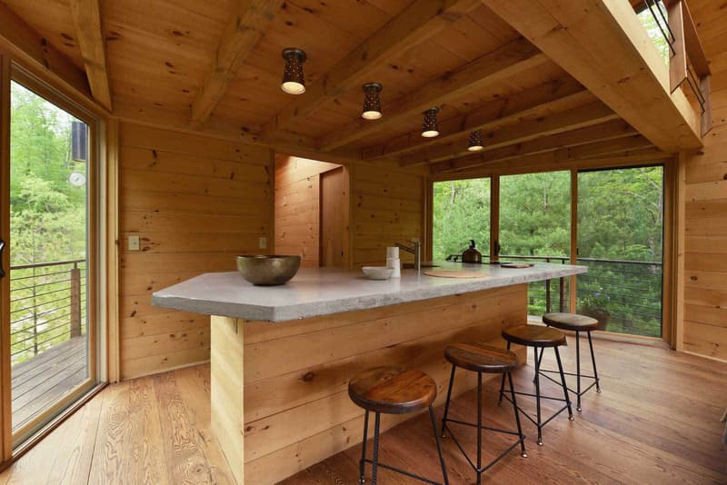 Inhabit Treehouse Woodstock New York NY Houses Wooden Interior Exterior Catskills Mountains Woodland Forest Open Plan Lounge Wood Burner Kitchen Spacious Loft Bedroom Shower Room Bathroom
