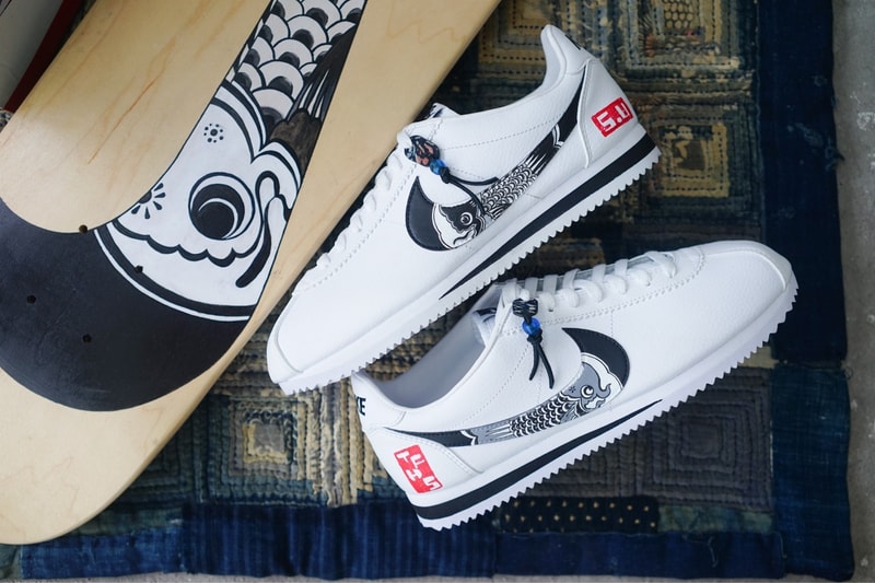 Nike classic Cortez Koinobori The Flying Hawk Studio Simple Union custom sneakers white blue print