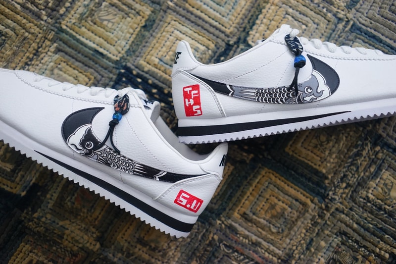 Nike classic Cortez Koinobori The Flying Hawk Studio Simple Union custom sneakers white blue print