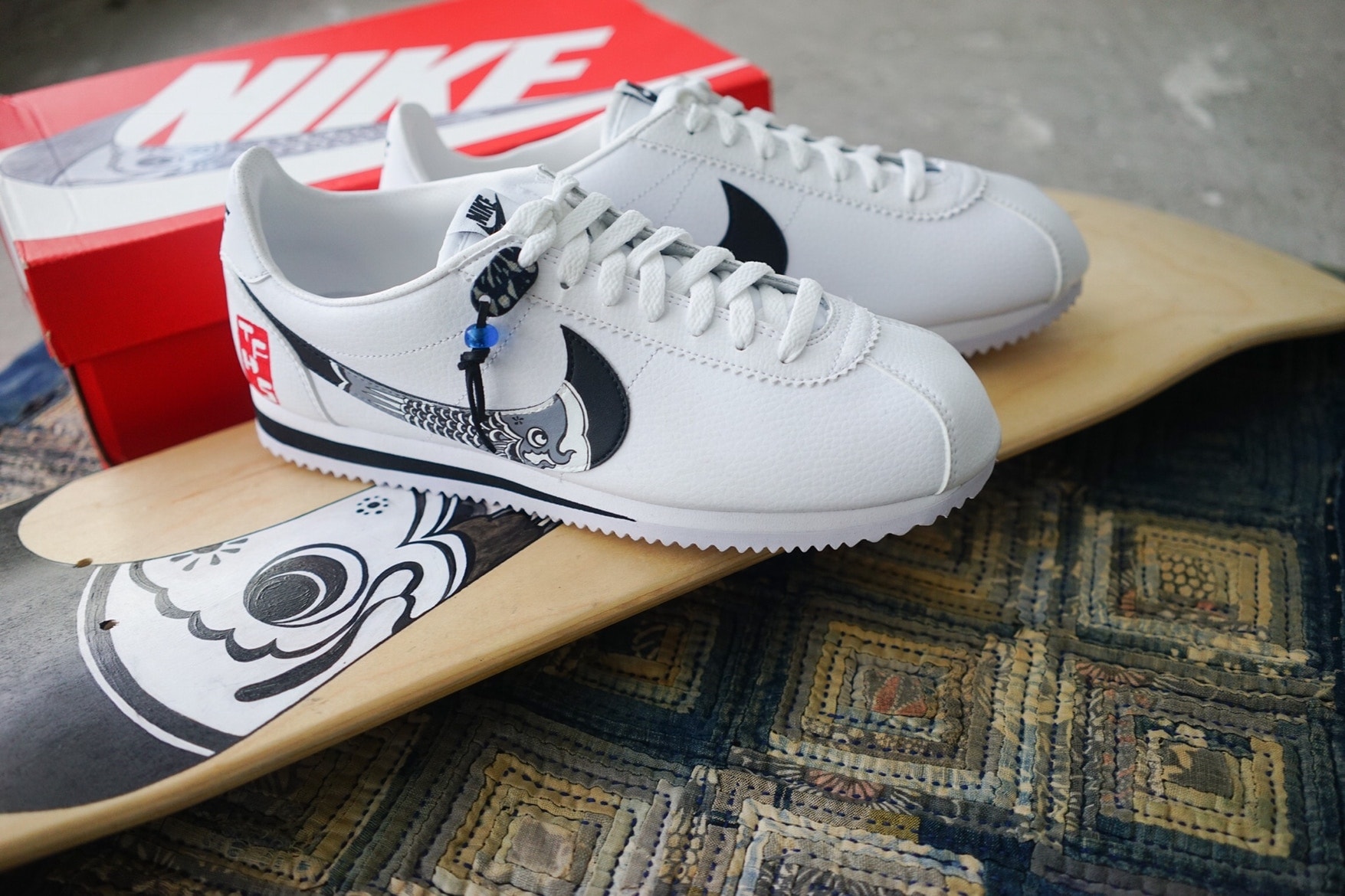 Nike classic Cortez Koinobori The Flying Hawk Studio Simple Union custom sneakers white blue print