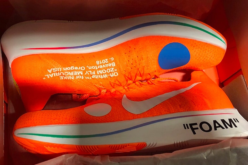 Virgil Abloh off white Nike Zoom Fly Mercurial Flyknit first look orange blue football soccer world cup