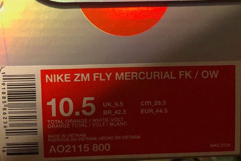 Virgil Abloh off white Nike Zoom Fly Mercurial Flyknit first look orange blue football soccer world cup