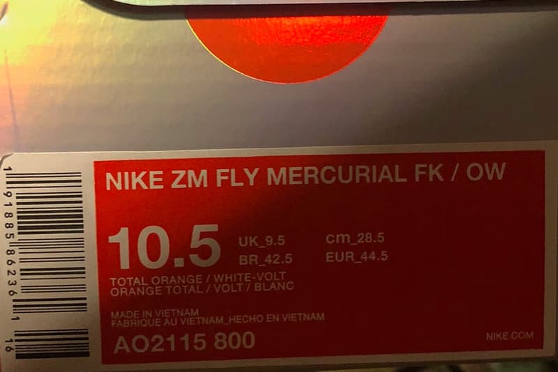Virgil Abloh off white Nike Zoom Fly Mercurial Flyknit first look orange blue football soccer world cup