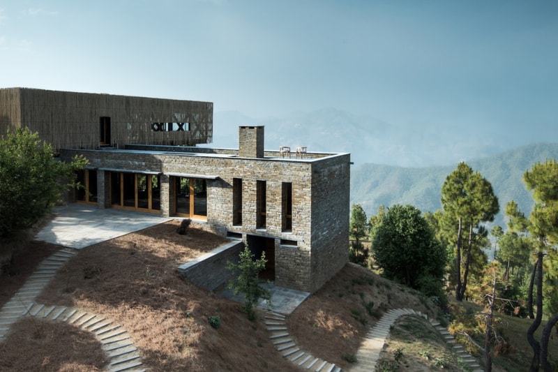 Kumaon Hotel India Brick Building Gardens Balconies Mountainous Landscape Trees Sleek Modern Interior Exterior Zowa Architects Design Studio